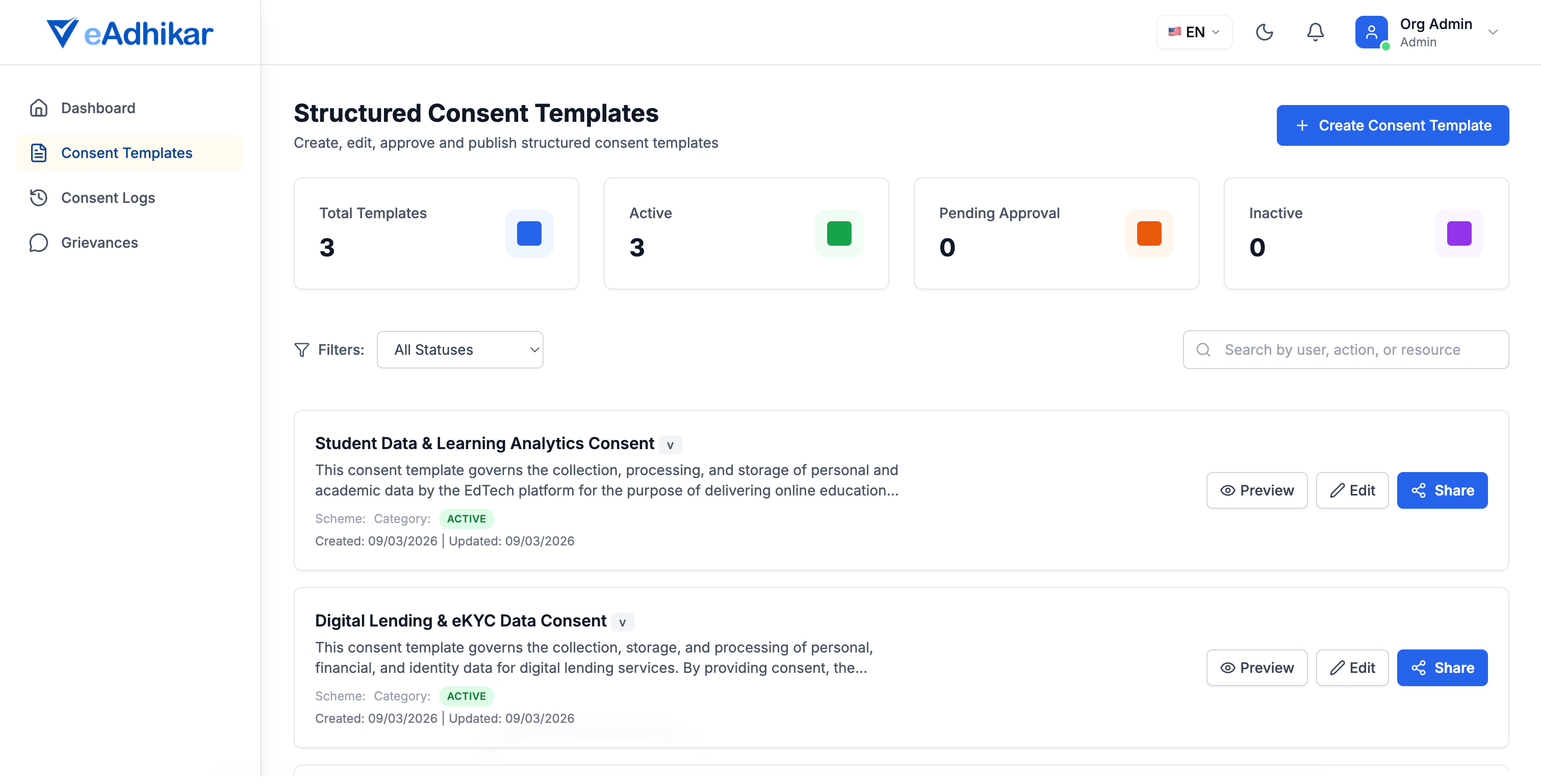 eAdhikar consent dashboard — real-time overview